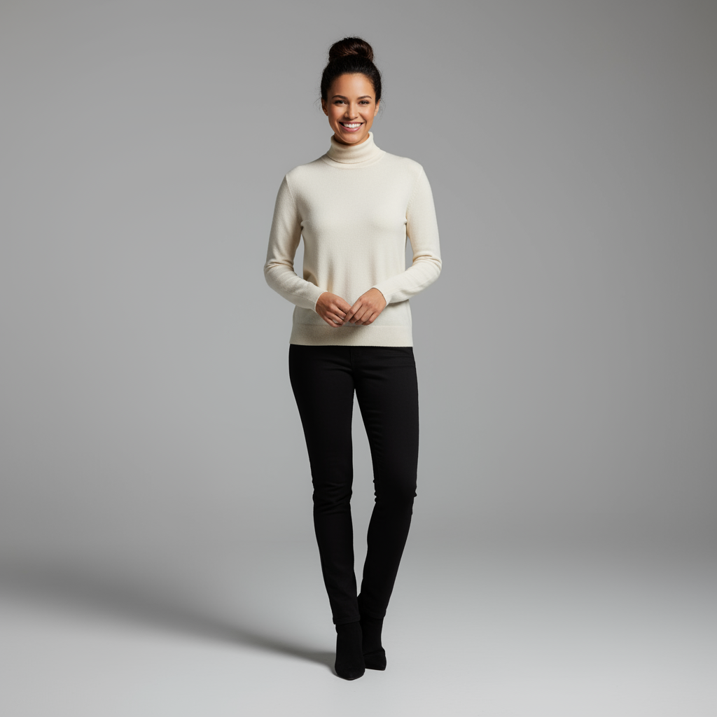 Full-body shot of a woman with her hair in a bun...