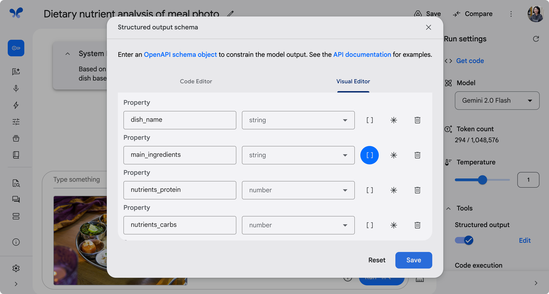 Google AI Studio’s structured output editor can be used to specify the JSON schema for model responses.