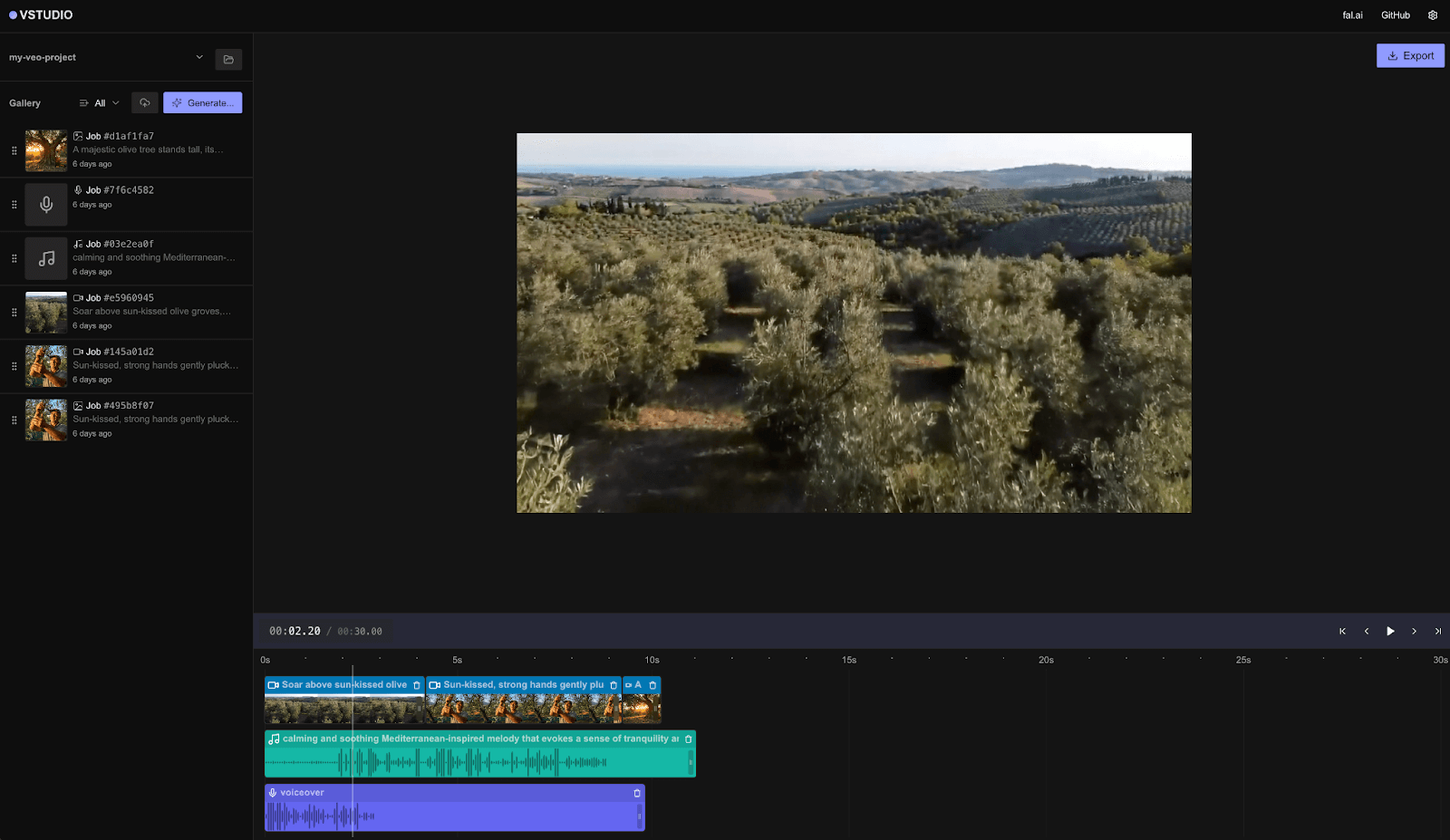 User interface of VSTUDIO, a video editor on the fal.ai platform, showing an olive grove video preview. A left panel displays a gallery of assets, and below the preview is a multi-track timeline with video, audio, and voiceover clips.