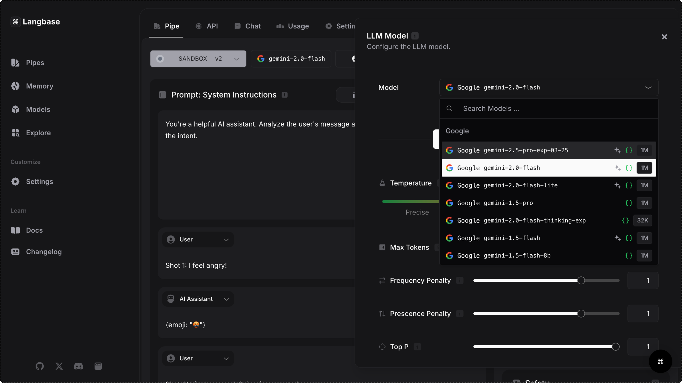 The Langbase platform shows different Gemini models available to make pipe agents via the Gemini API.