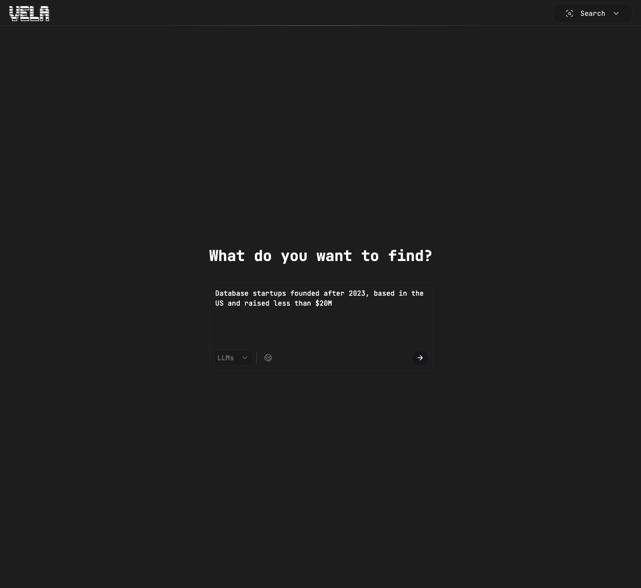 Screenshot of the Vela search interface with the dropdown menu showing options to search across 