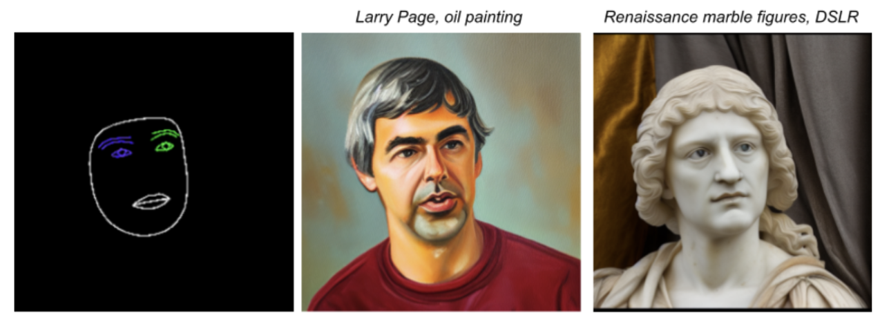 Example output of two generated images that use a provided condition image of a sketched face and two different prompt to show that the same condition image can be used to generate very different looking images